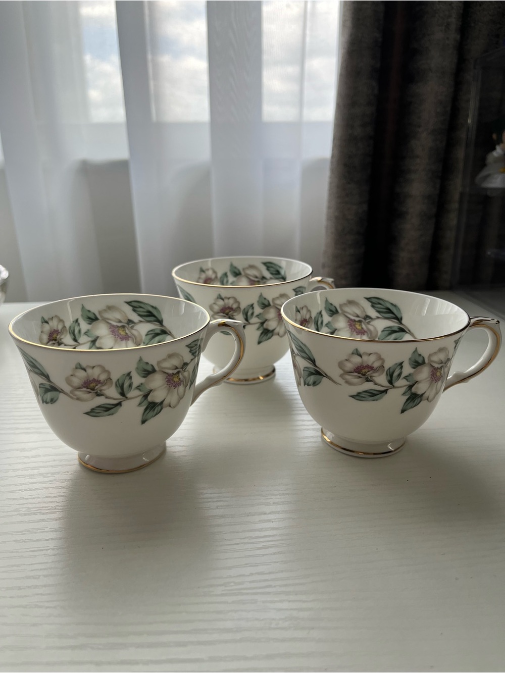 3 Vintage Crown Staffordshire Christmas Roses Teacups Fine Bone China England